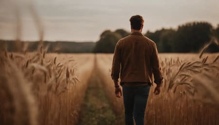 Homme de dos marchant dans un champ de blé, symbolisant la fuite et la libération de l'emprise d'un pervers narcissique.