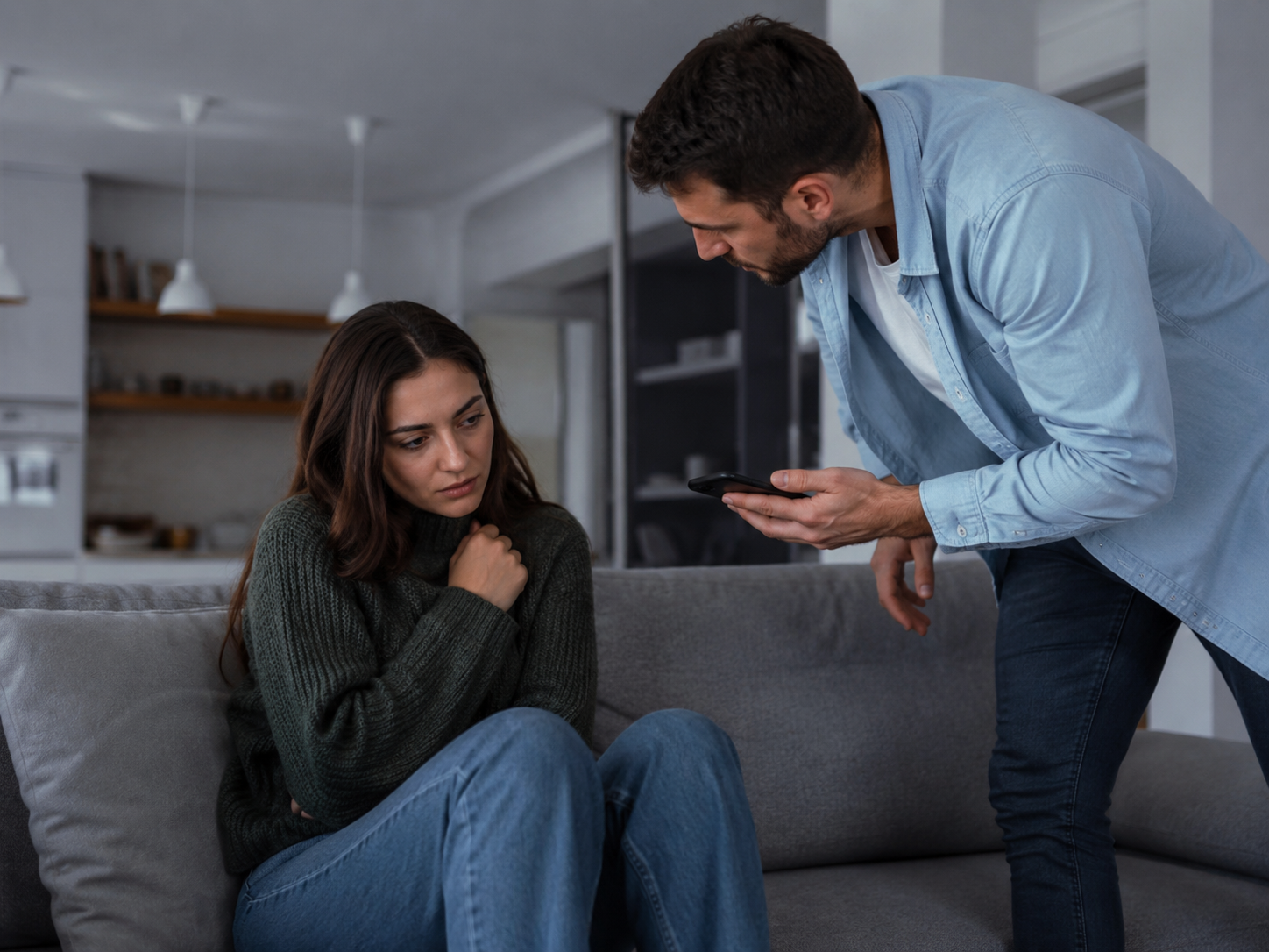 Scène de couple illustrant la jalousie pathologique du pervers narcissique, avec une femme repliée sur elle-même face au contrôle et à l’emprise psychologique de son partenaire.