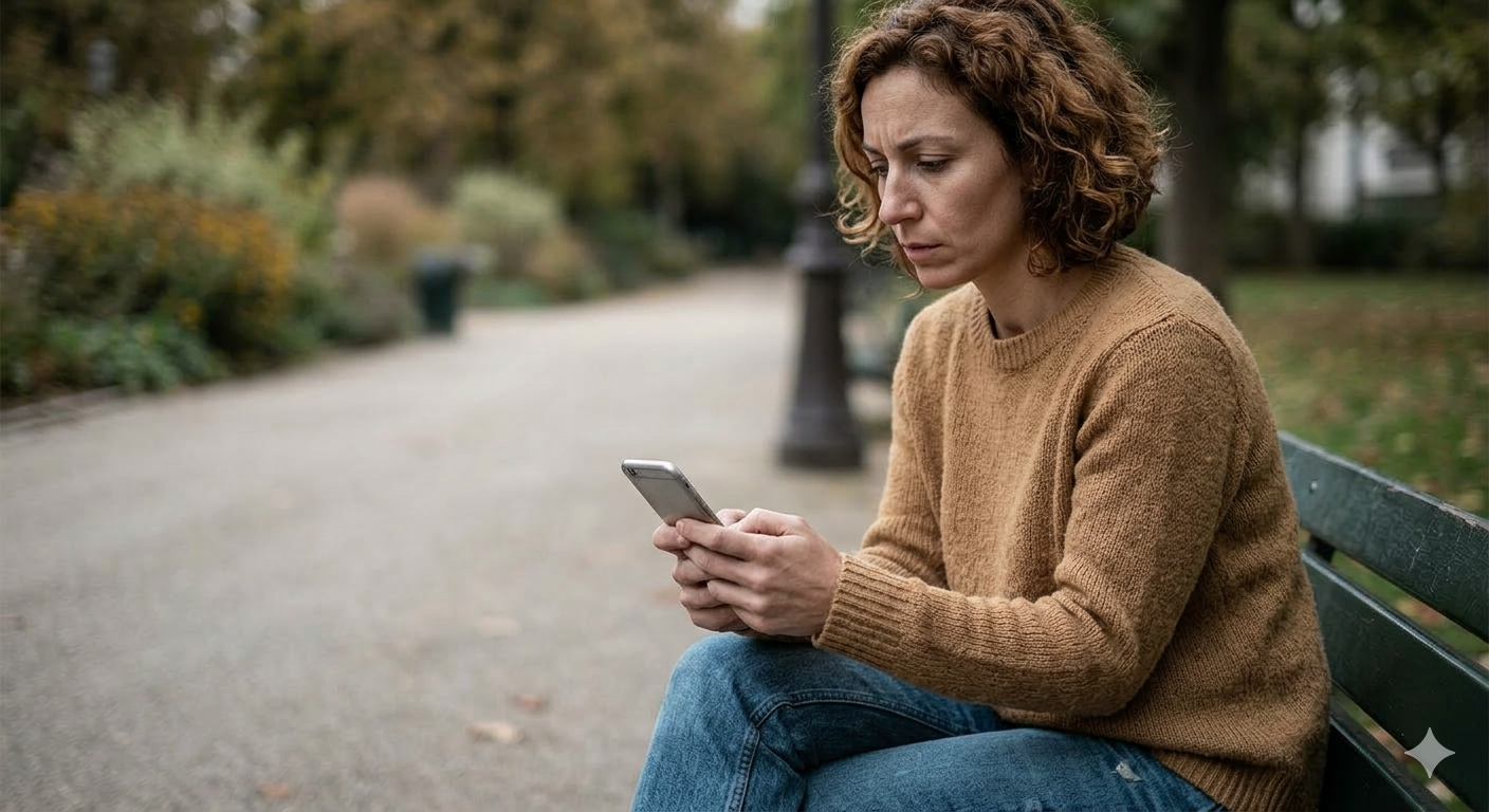 Image d'une femme seule sur un banc de parc, regardant son smartphone avec anxiété. Elle est tordue, comme si elle se sentait observée et contrôlée par l'appareil. Le téléphone est la seule source de lumière sur son visage, créant une atmosphère d'isolement et d'angoisse.