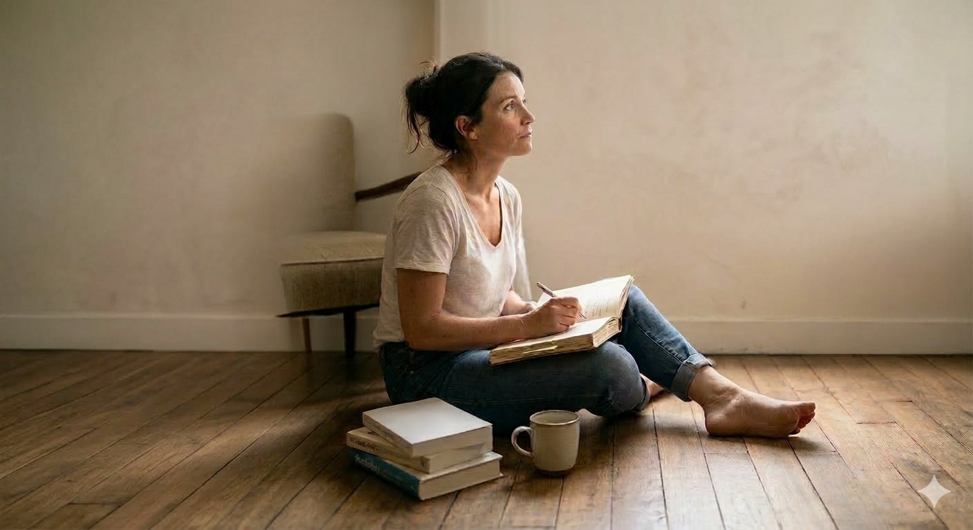 Femme assise par terre avec un journal et des livres — journal d'une emprise pervers narcissique