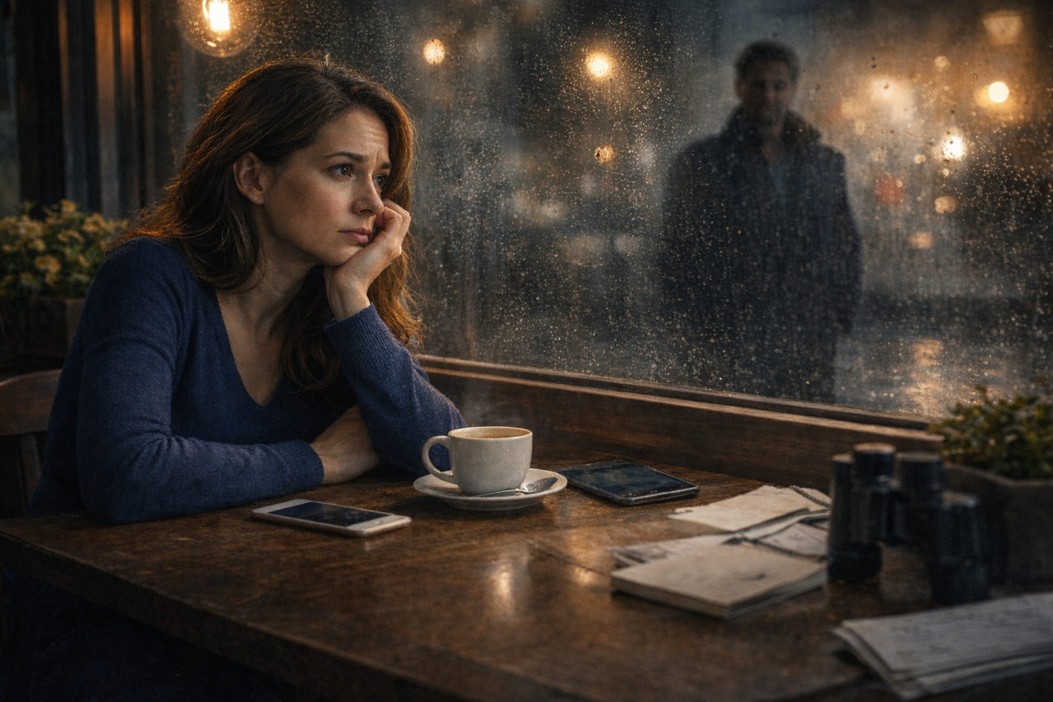 Femme pensive dans un café, silhouette masculine floue derrière la vitre — stalking post-rupture pervers narcissique