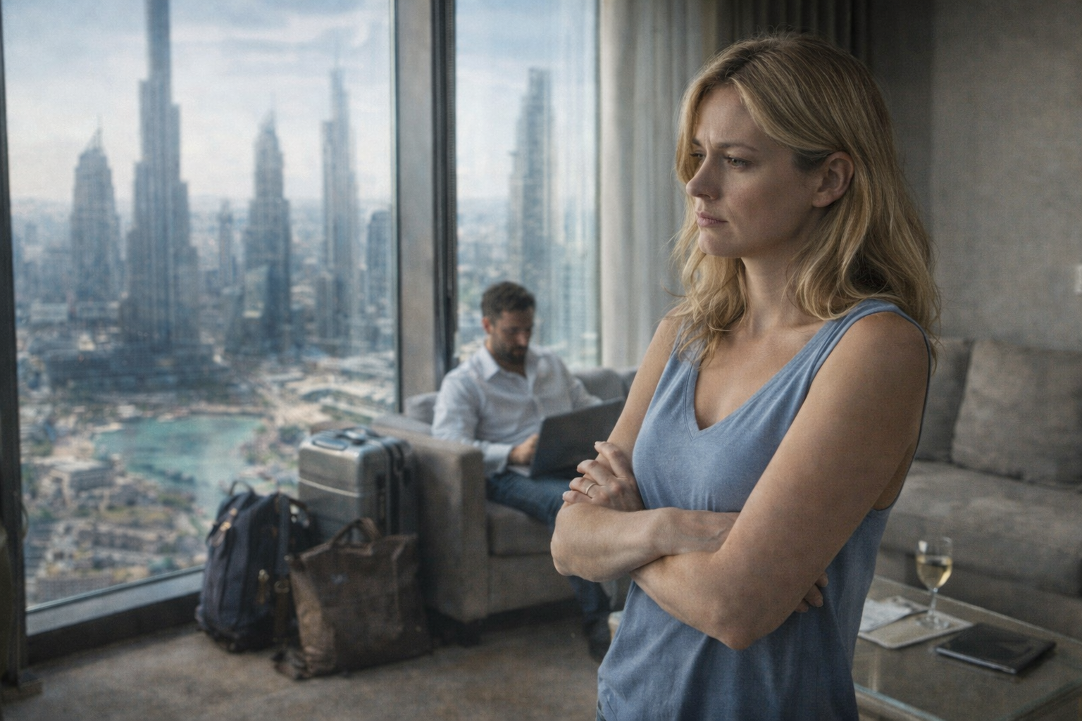 Femme pensive devant une baie vitrée avec vue sur skyline étrangère, homme au second plan sur ordinateur — pervers narcissique expatriation isolement