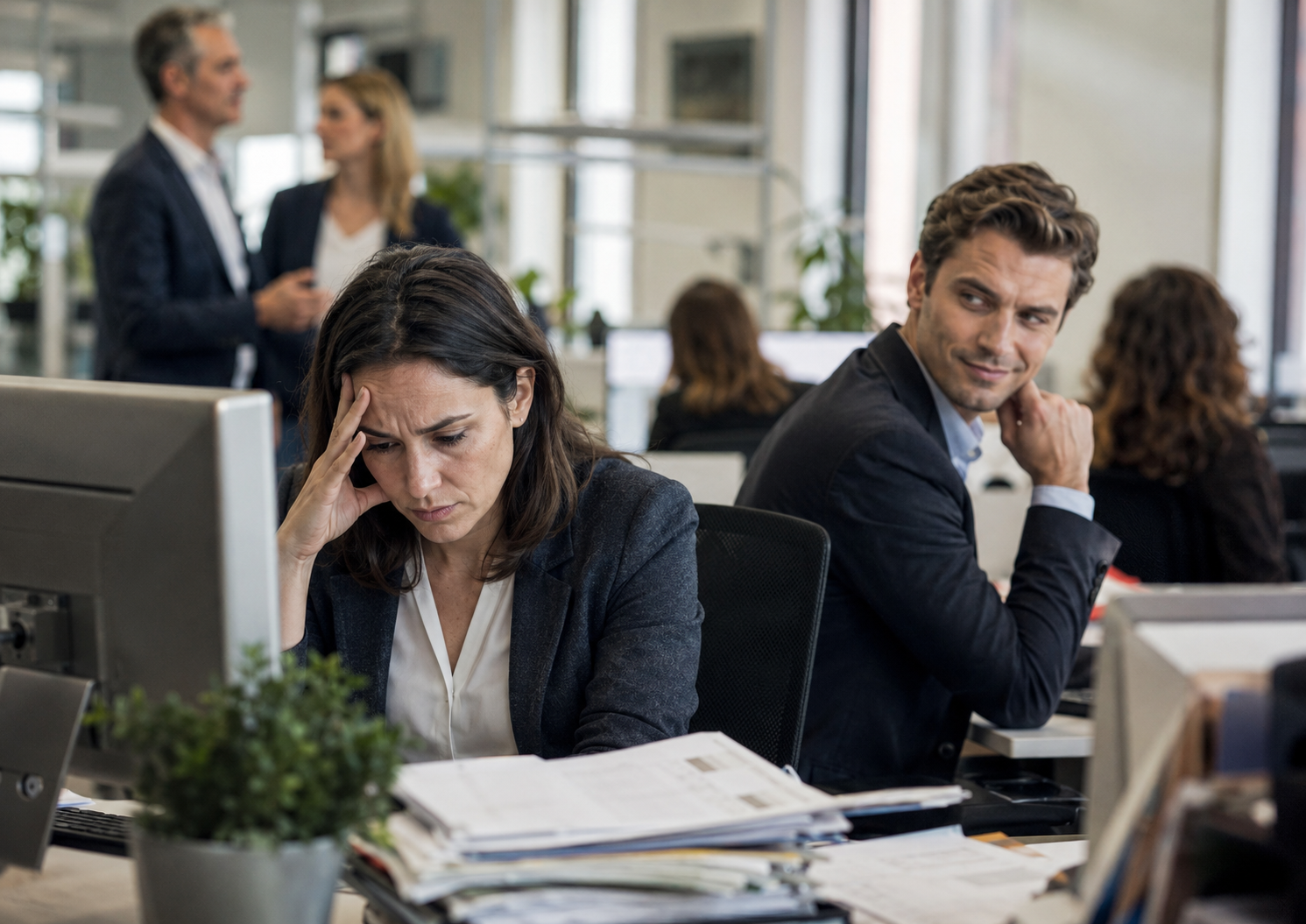 Un collègue pervers narcissique observe d'un air satisfait sa collègue accablée à son bureau, dans un open space