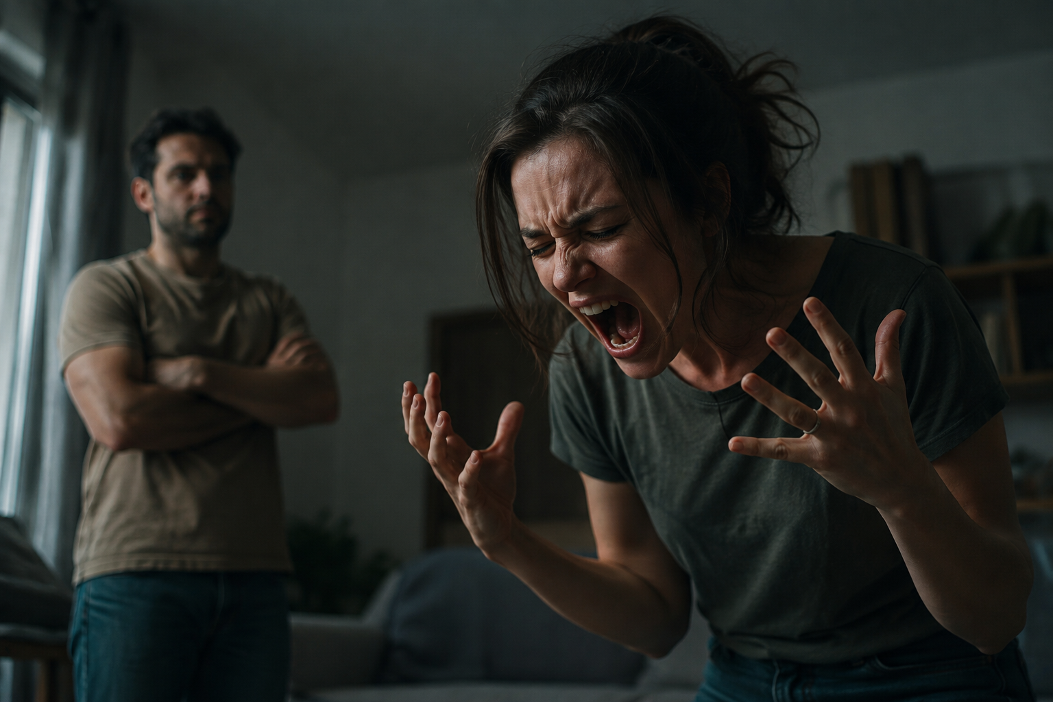 Abus réactif : une femme recroquevillée dont l'ombre projetée paraît menaçante, symbole de la victime que le pervers narcissique fait passer pour l'agresseur