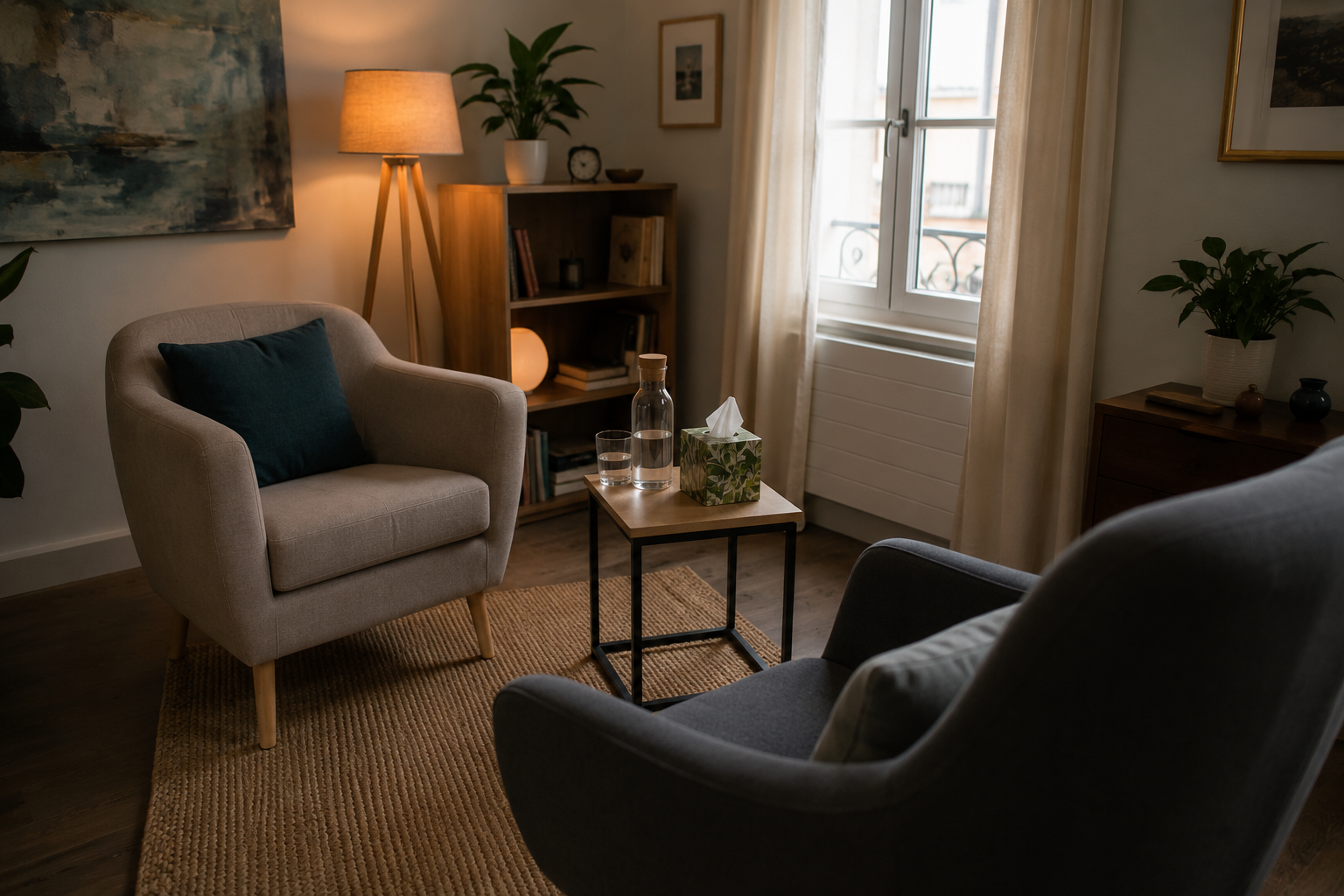 Quelle thérapie après un pervers narcissique : deux fauteuils face à face dans un cabinet de psychothérapie, à la lumière douce d'une lampe