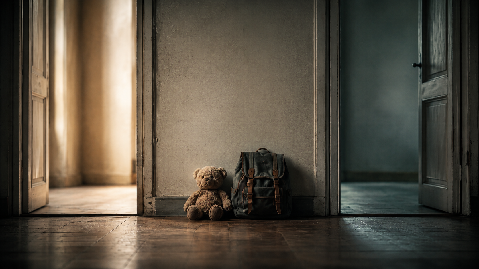 Doudou et sac à dos d'enfant posés au sol entre deux portes ouvertes, l'une chaleureuse, l'autre sombre — violence vicariante, enfant instrumentalisé